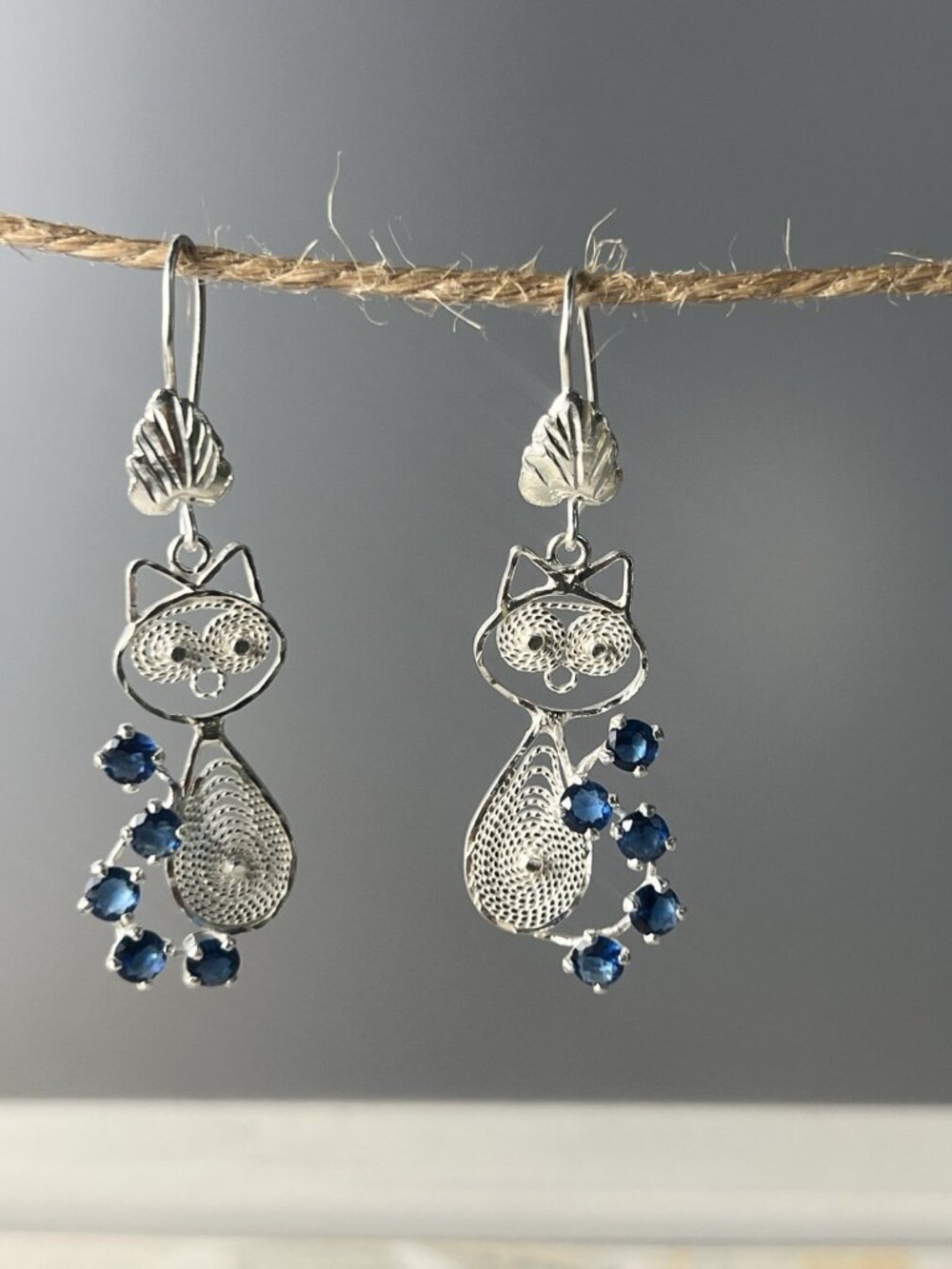 925 Sterling Silver Filigree Cat Earrings with Blue Cubic Zirconia